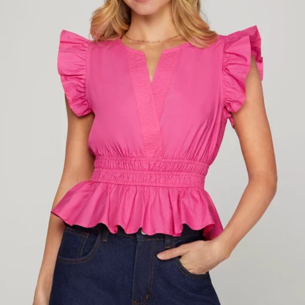 Threads She + Sky Fuchsia Ruffle Top (size L)